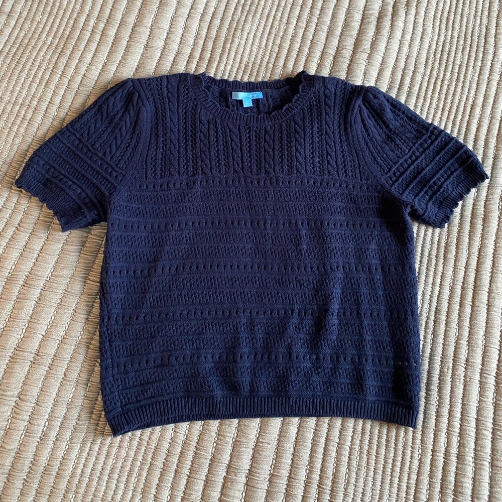 Draper James- scallop edge crochet knit top cotton blend Navy Short-Sleeve L